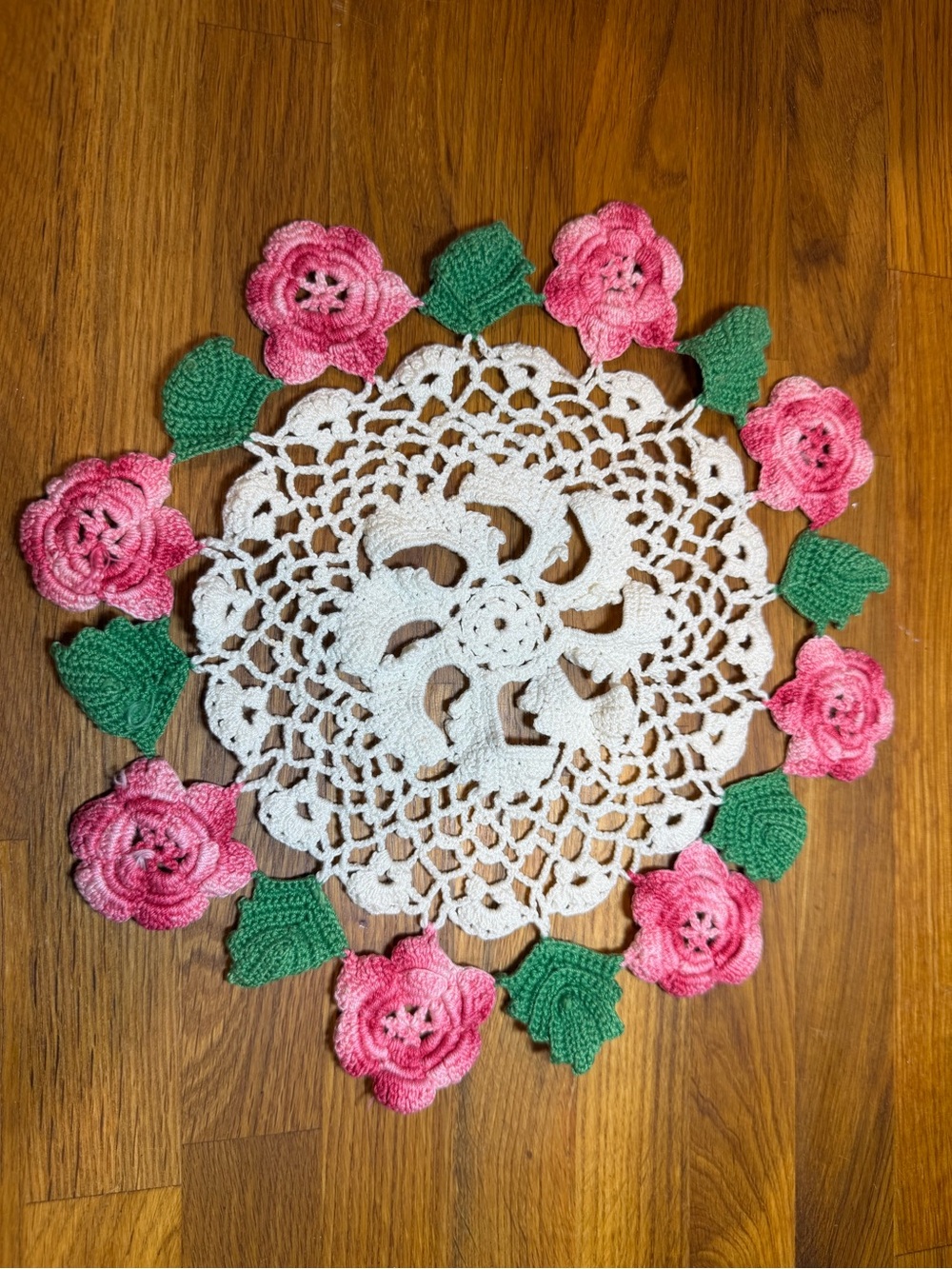Crochet Doily with Pink Flowers